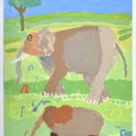 作品図録 - サバナでお母さんゾウが子ゾウに歌を歌っています - Naofumi.Y
